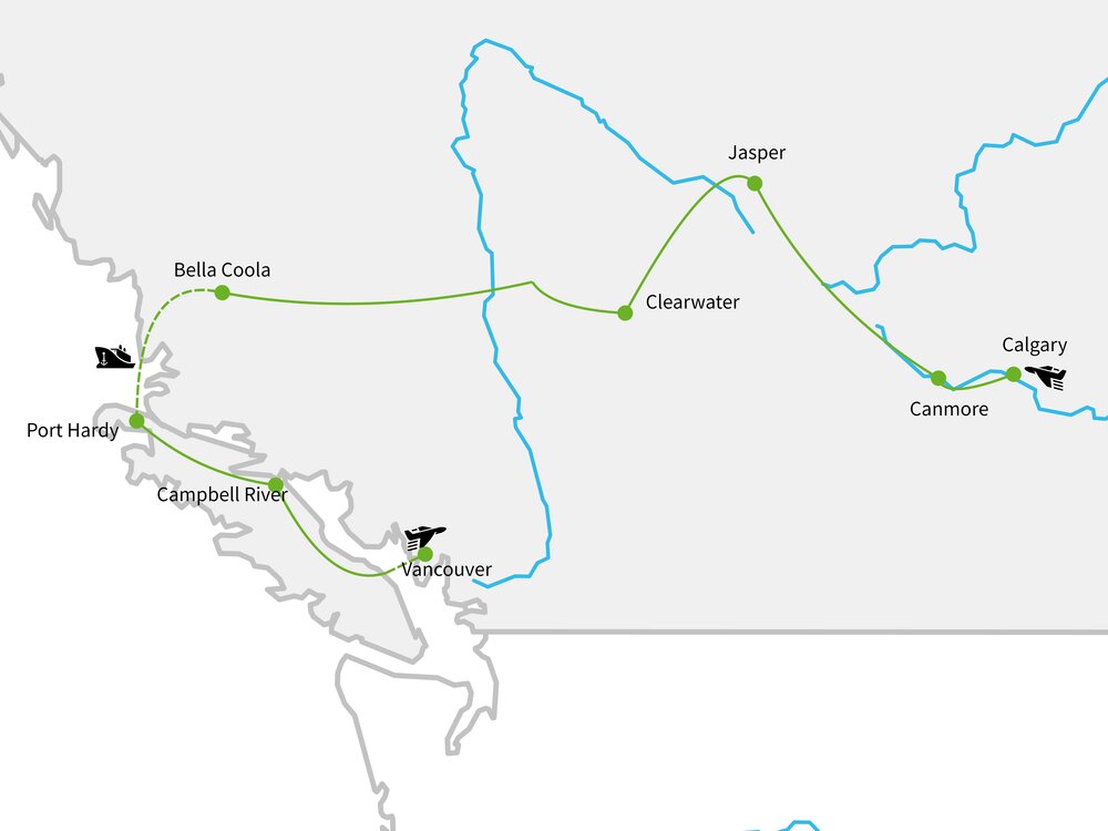 Routekaart van Dwars door het hart van West-Canada